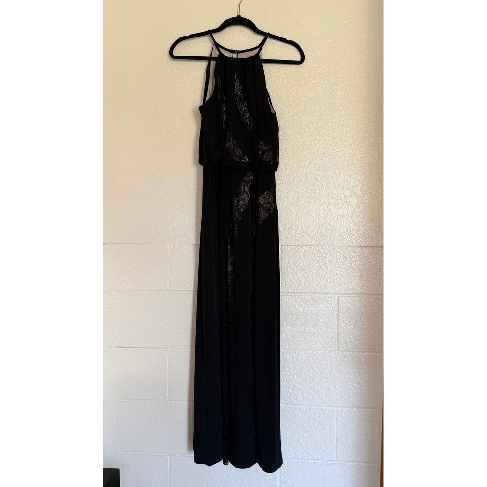 London Times Maxi Dress Women 2 Black Lace Inset‎ Halter Formal Cocktail Gothic